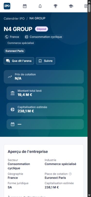 Interface réelle IPO Arena Aperçu réel de la fiche IPO dans un navigateur mobile